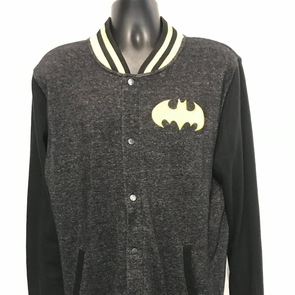 BATMAN DC Comics Varsity Jacket Sz M BlK/Heathe Cttn blend Snap Front Long Slv